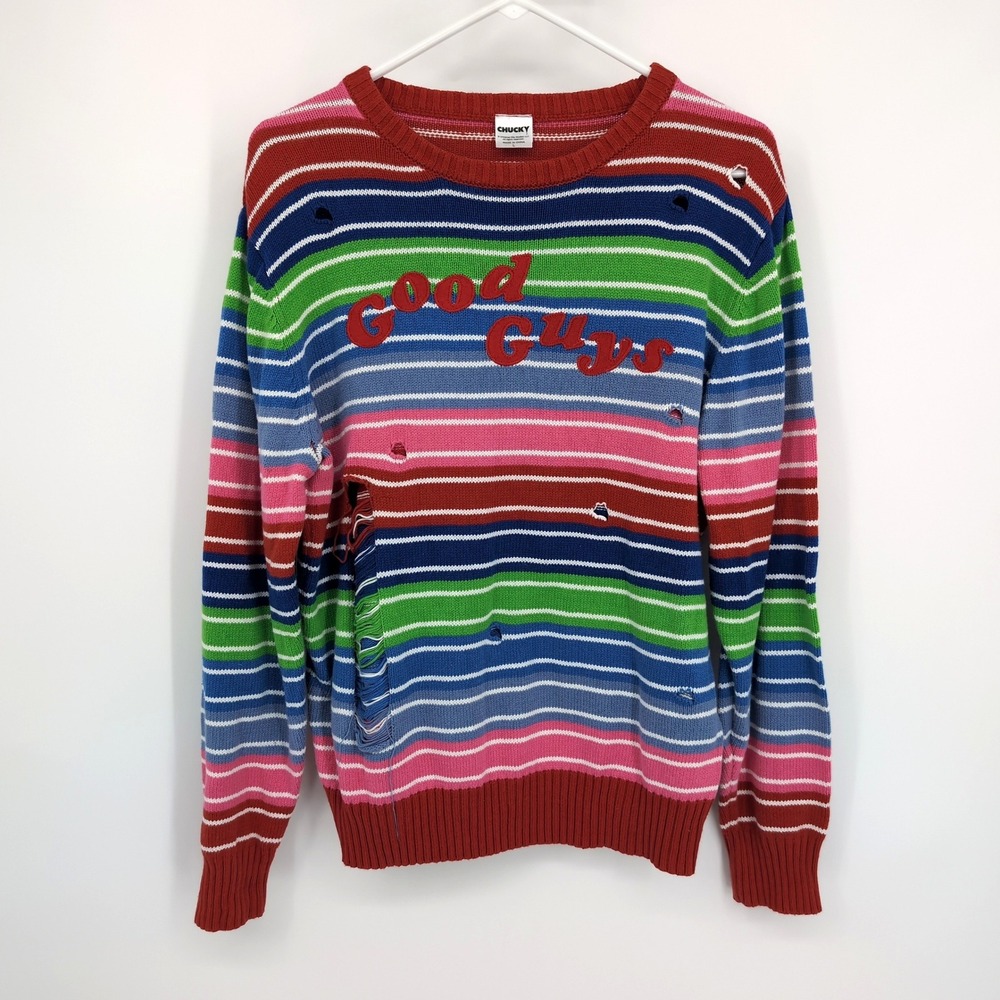 Chucky Sweater Multicolor Striped Good Guys Distressed Knit Unisex Large